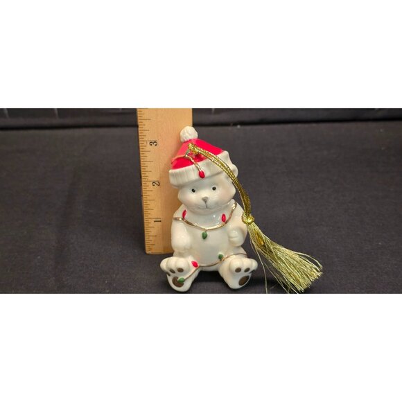 Lenox Very Merry Porcelain Teddy Bear w Santa Hat and Christmas Lights Ornament - Picture 6 of 7